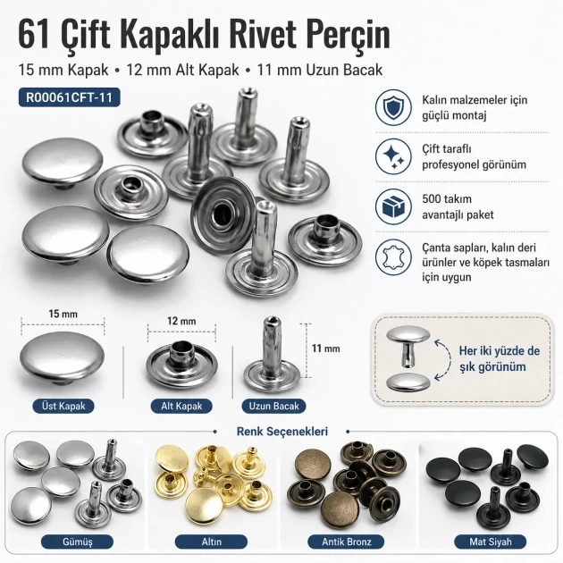 61 Double Cap Rivet 15 mm (0.59") Cap and 12 mm (0.47") Back Cap with 11 mm (0.43") Long Post Steel Rivet for Handbags