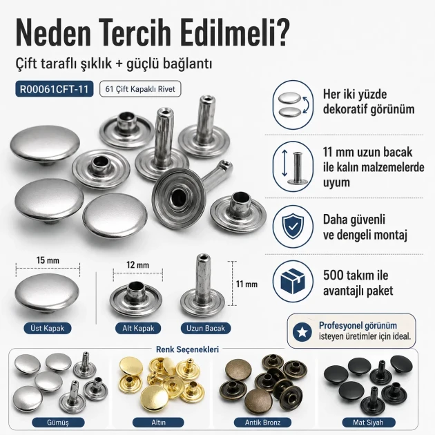61 Double Cap Rivet 15 mm (0.59") Cap and 12 mm (0.47") Back Cap with 11 mm (0.43") Long Post Steel Rivet for Handbags