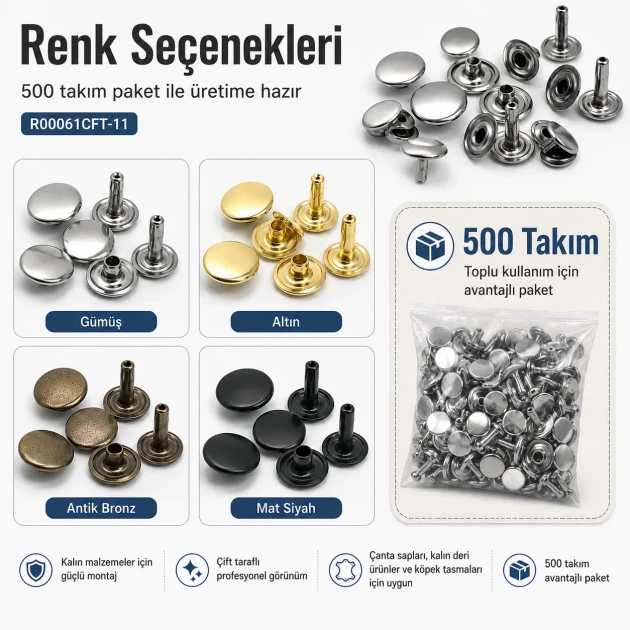 61 Double Cap Rivet 15 mm (0.59") Cap and 12 mm (0.47") Back Cap with 11 mm (0.43") Long Post Steel Rivet for Handbags