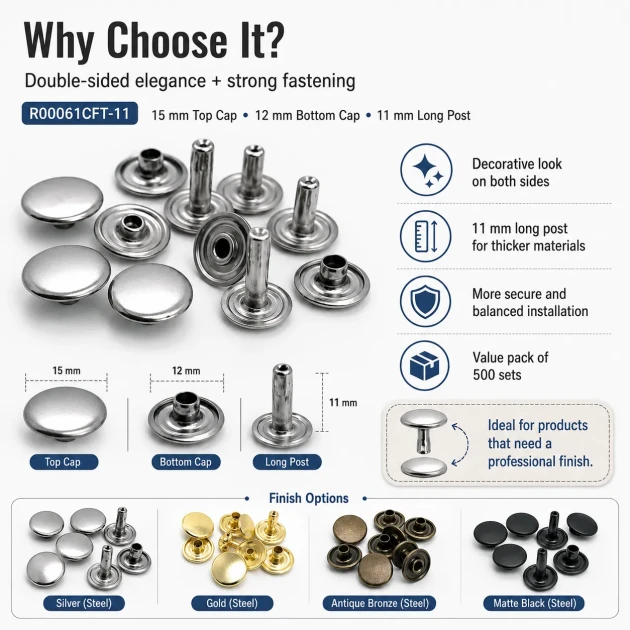 61 Double Cap Rivet 15 mm (0.59") Cap and 12 mm (0.47") Back Cap with 11 mm (0.43") Long Post Steel Rivet for Handbags