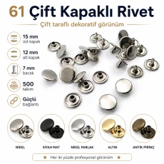 61 Double Cap Rivet 15 mm (0.59") Cap / 12 mm (0.47") Back Cap / 7 mm (0.28") Post Steel Rivet – 500 Sets R00061CFT-7