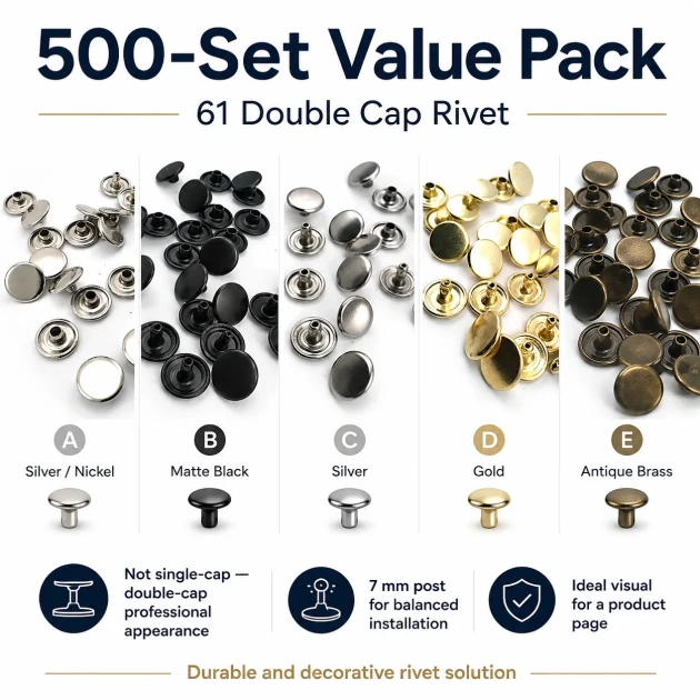61 Double Cap Rivet 15 mm (0.59") Cap, 12 mm (0.47") Back Cap, 7 mm (0.28") Post Steel Rivet Set - 500 Sets