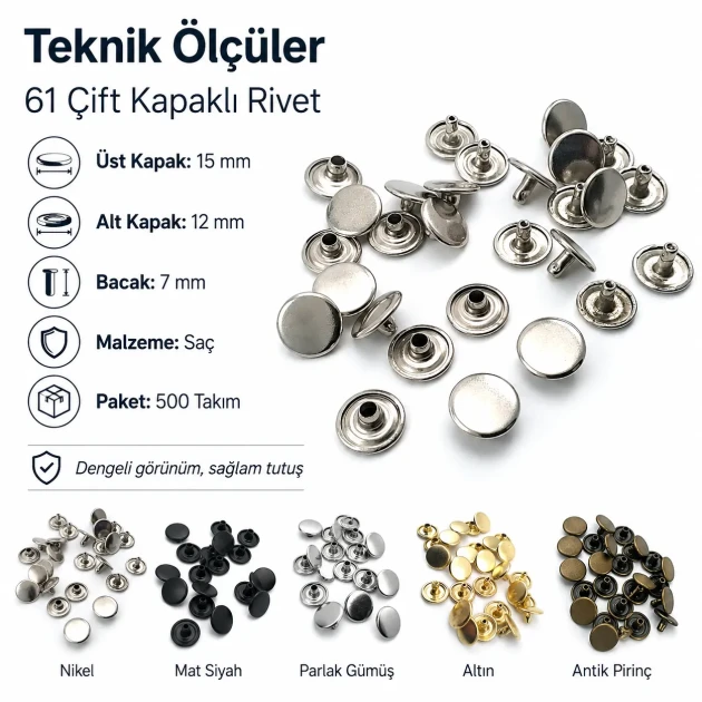 61 Double Cap Rivet 15 mm (0.59") Cap, 12 mm (0.47") Back Cap, 7 mm (0.28") Post Steel Rivet Set - 500 Sets