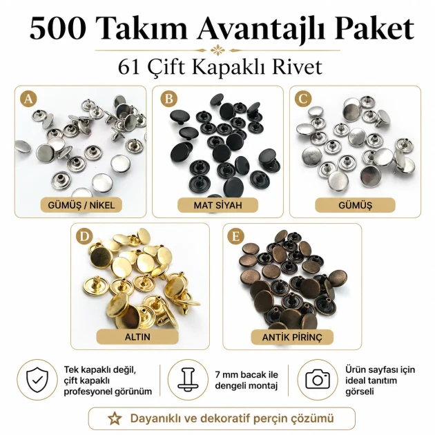 61 Double Cap Rivet 15 mm (0.59") Cap, 12 mm (0.47") Back Cap, 7 mm (0.28") Post Steel Rivet Set - 500 Sets