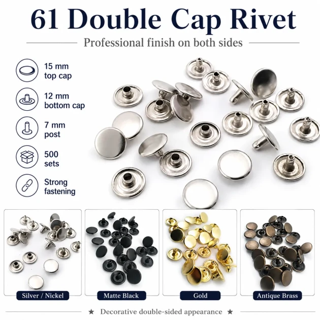 61 Double Cap Rivet 15 mm (0.59") Cap, 12 mm (0.47") Back Cap, 7 mm (0.28") Post Steel Rivet Set - 500 Sets