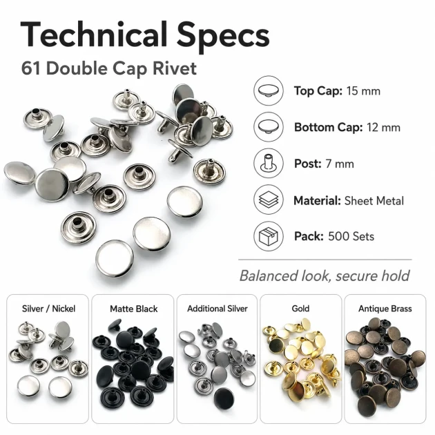 61 Double Cap Rivet 15 mm (0.59") Cap, 12 mm (0.47") Back Cap, 7 mm (0.28") Post Steel Rivet Set - 500 Sets