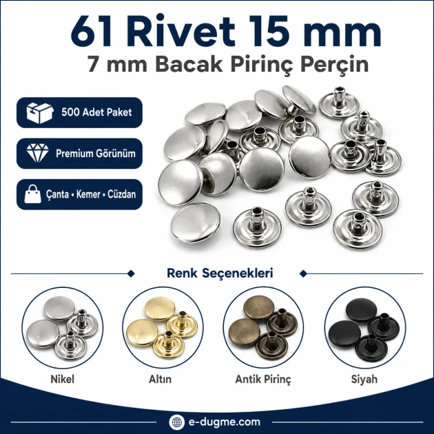 61 Rivet with 15 mm (0.59") Cap and 7 mm (0.28") Post for handbags, belts, and leather goods - 500 Pieces