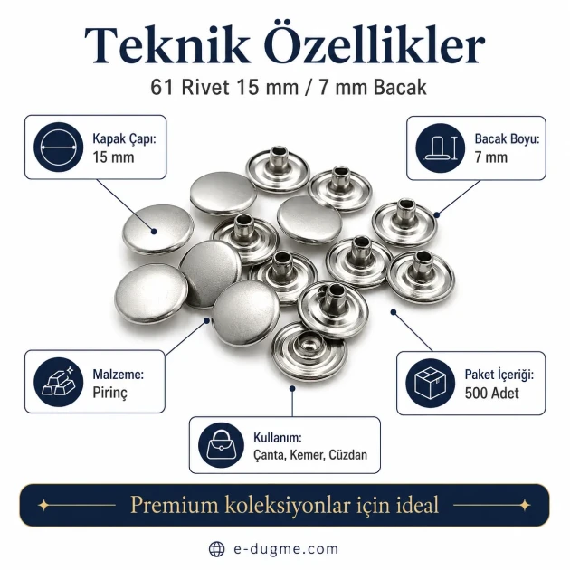 61 Rivet with 15 mm (0.59") Cap and 7 mm (0.28") Post for handbags, belts, and leather goods - 500 Pieces