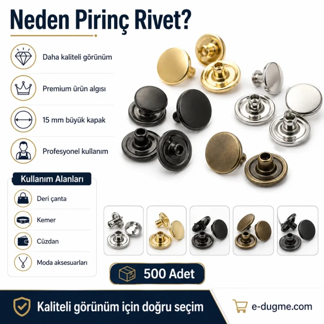 61 Rivet with 15 mm (0.59") Cap and 7 mm (0.28") Post for handbags, belts, and leather goods - 500 Pieces