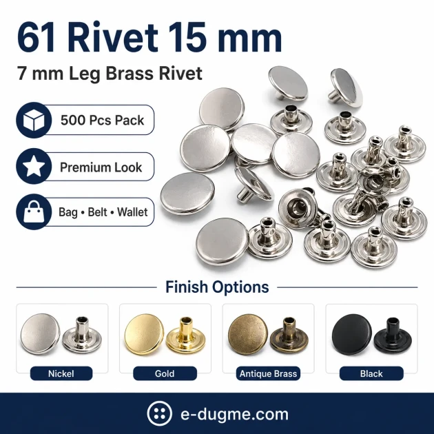 61 Rivet with 15 mm (0.59") Cap and 7 mm (0.28") Post for handbags, belts, and leather goods - 500 Pieces