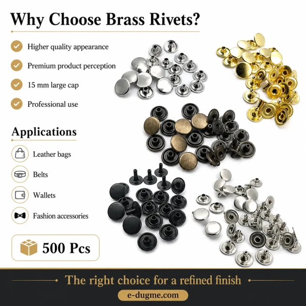61 Rivet with 15 mm (0.59") Cap and 7 mm (0.28") Post for handbags, belts, and leather goods - 500 Pieces