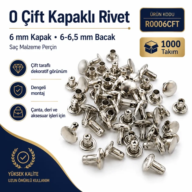 0 Double Cap Rivet 6 mm (0.24") Front Cap / 6 mm (0.24") Back Cap / 6–6.5 mm (0.24"–0.26") Post Steel Rivet for wallets and