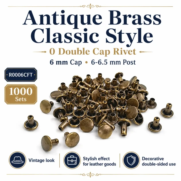 0 Double Cap Rivet 6 mm (0.24") Front Cap / 6 mm (0.24") Back Cap / 6–6.5 mm (0.24"–0.26") Post Steel Rivet for wallets and