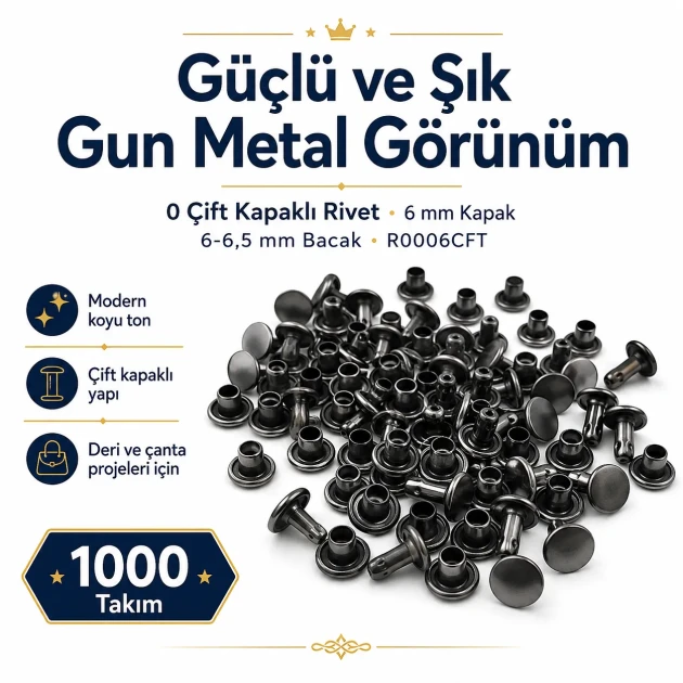 0 Double Cap Rivet 6 mm (0.24") Front Cap / 6 mm (0.24") Back Cap / 6–6.5 mm (0.24"–0.26") Post Steel Rivet for wallets and