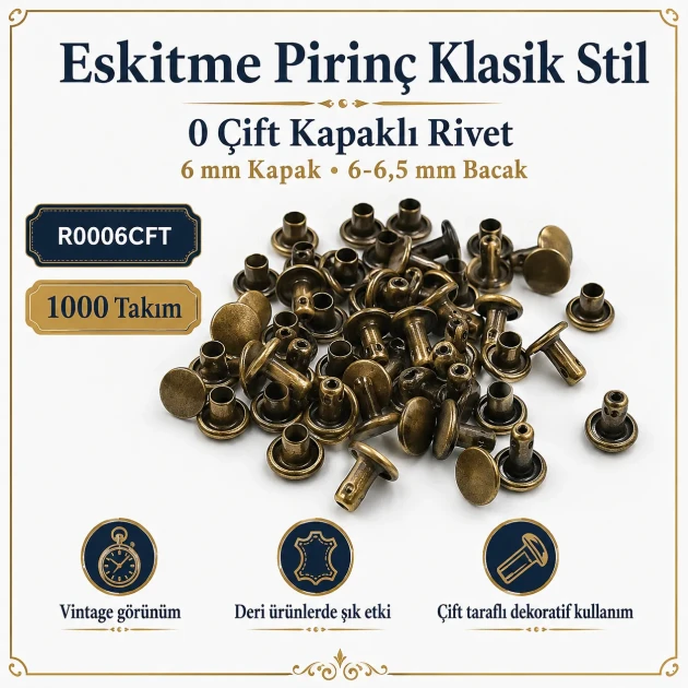 0 Double Cap Rivet 6 mm (0.24") Front Cap / 6 mm (0.24") Back Cap / 6–6.5 mm (0.24"–0.26") Post Steel Rivet for wallets and