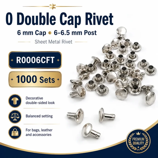 0 Double Cap Rivet 6 mm (0.24") Front Cap / 6 mm (0.24") Back Cap / 6–6.5 mm (0.24"–0.26") Post Steel Rivet for wallets and