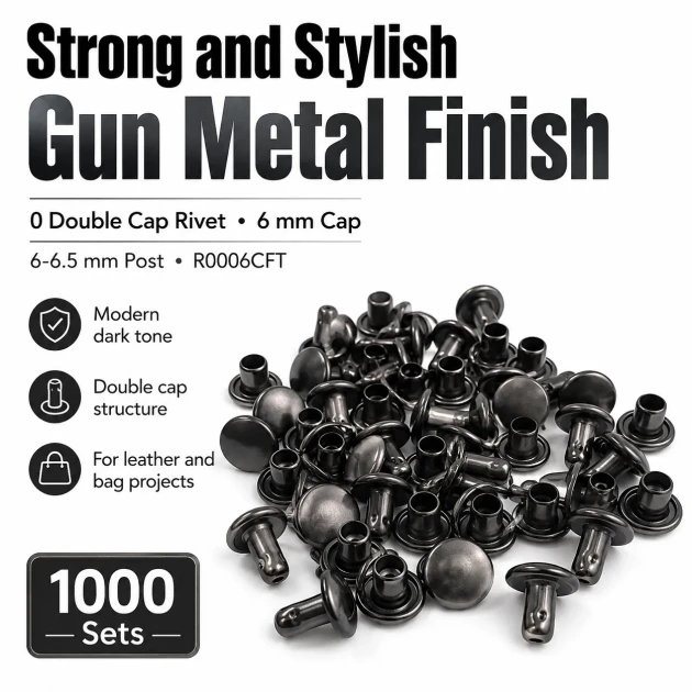 0 Double Cap Rivet 6 mm (0.24") Front Cap / 6 mm (0.24") Back Cap / 6–6.5 mm (0.24"–0.26") Post Steel Rivet for wallets and