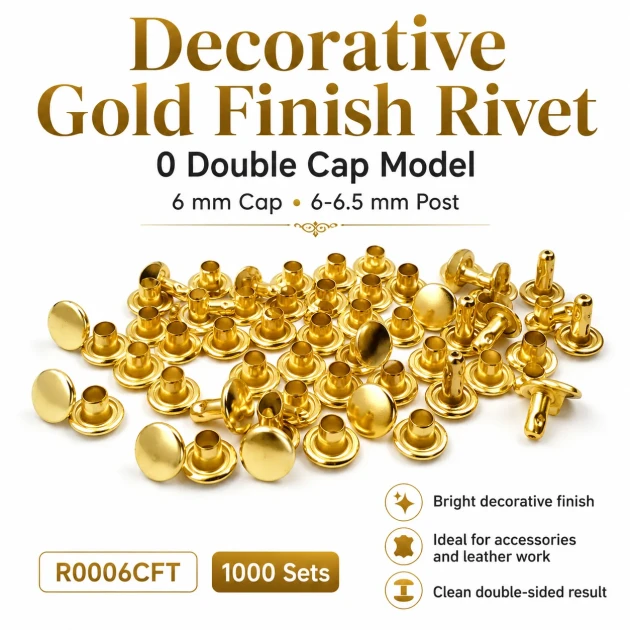 0 Double Cap Rivet 6 mm (0.24") Front Cap / 6 mm (0.24") Back Cap / 6–6.5 mm (0.24"–0.26") Post Steel Rivet for wallets and