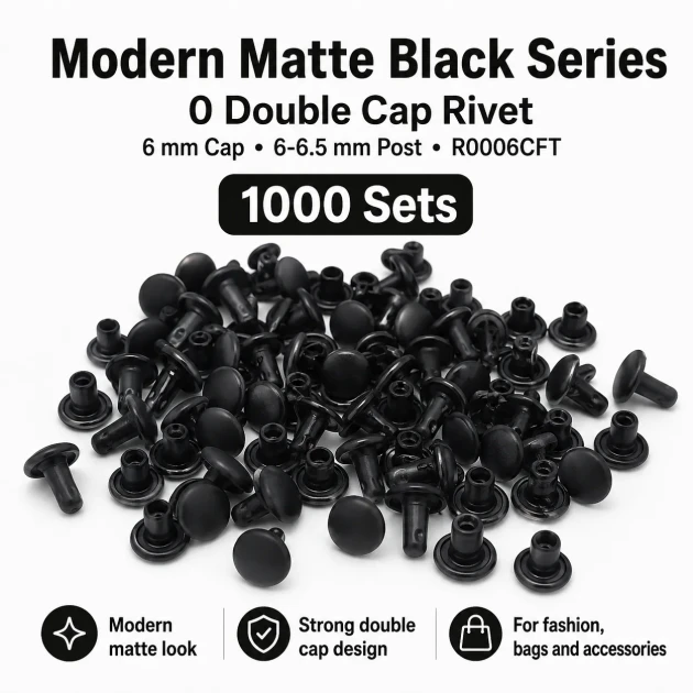 0 Double Cap Rivet 6 mm (0.24") Front Cap / 6 mm (0.24") Back Cap / 6–6.5 mm (0.24"–0.26") Post Steel Rivet for wallets and