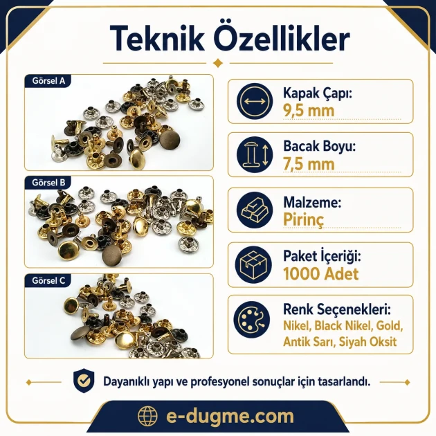 33.5 rivet 9.5 mm (0.37") cap with 7.5 mm (0.29") post brass rivet for bags and leather goods