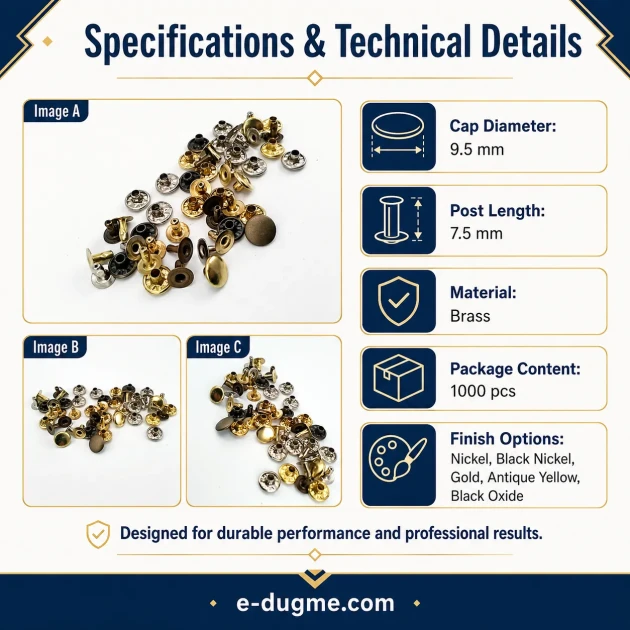 33.5 rivet 9.5 mm (0.37") cap with 7.5 mm (0.29") post brass rivet for bags and leather goods