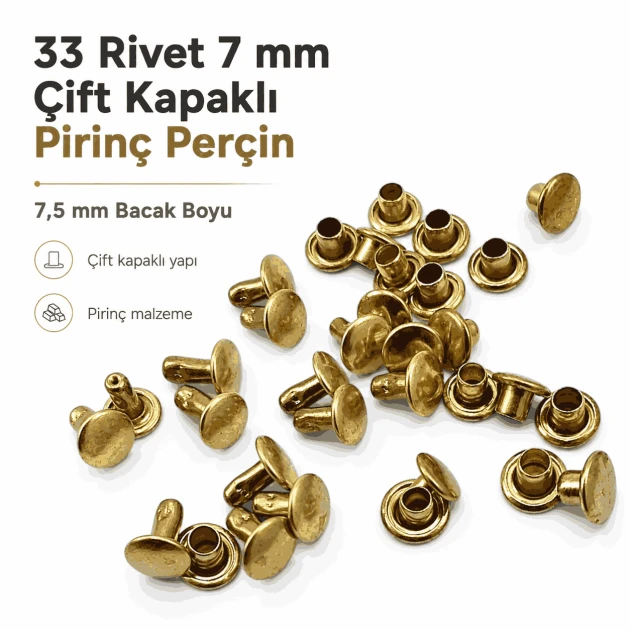 33 Rivet 7 mm Çift Kapaklı 7,5 mm Bacak Pirinç Perçin - 1000 Adet R0033PR