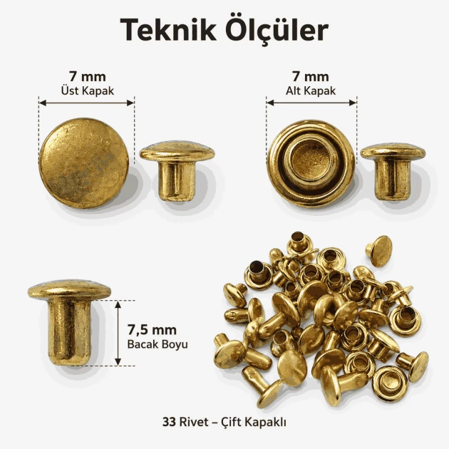 33 Rivet 7 mm Çift Kapaklı 7,5 mm Bacak Pirinç Perçin - 1000 Adet R0033PR