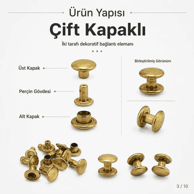 33 Rivet 7 mm Çift Kapaklı 7,5 mm Bacak Pirinç Perçin - 1000 Adet R0033PR