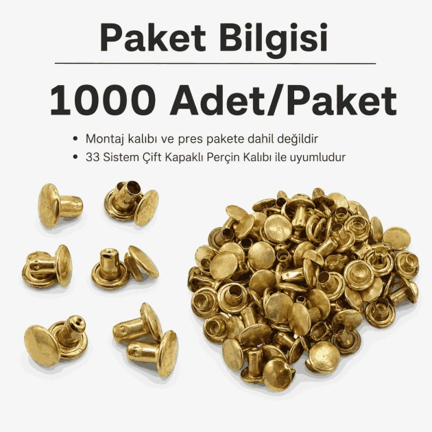 33 Rivet 7 mm Çift Kapaklı 7,5 mm Bacak Pirinç Perçin - 1000 Adet R0033PR