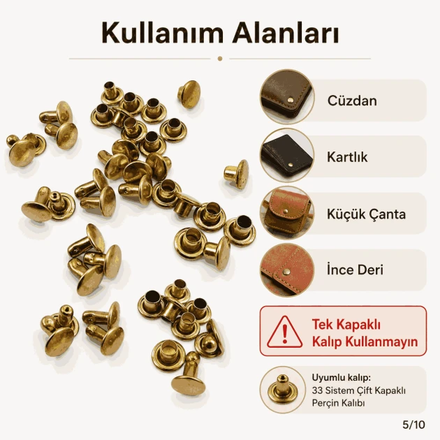 33 Rivet 7 mm Çift Kapaklı 7,5 mm Bacak Pirinç Perçin - 1000 Adet R0033PR