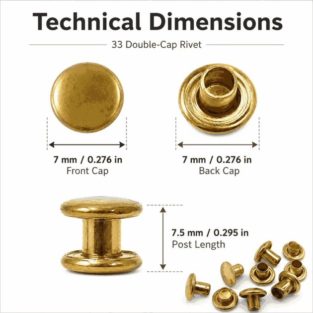 33 Rivet 7 mm Çift Kapaklı 7,5 mm Bacak Pirinç Perçin - 1000 Adet R0033PR