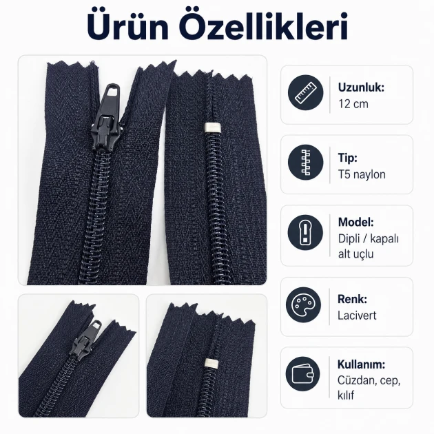 12 cm / 4.72 in Nylon Wallet Zipper Closed End for Pockets and Organizers