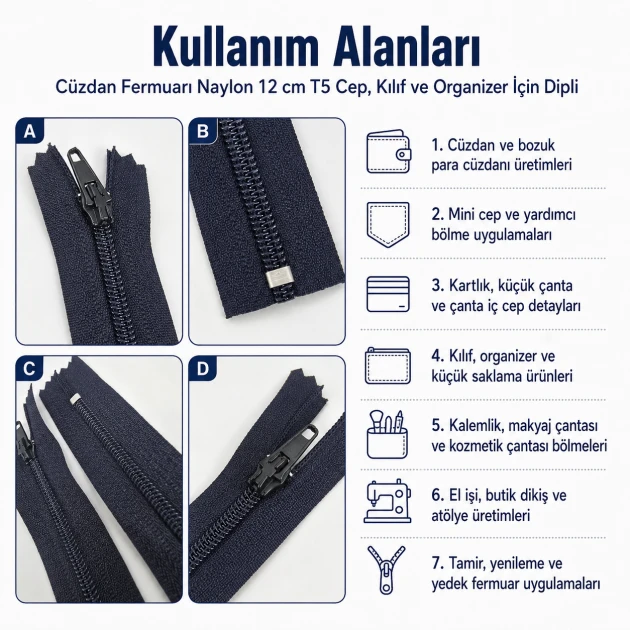 Naylon Cüzdan Fermuarı 12 cm T5, Kapalı Uçlu, Lacivert Renk, Mini Cep ve Organizer İçin Uygun