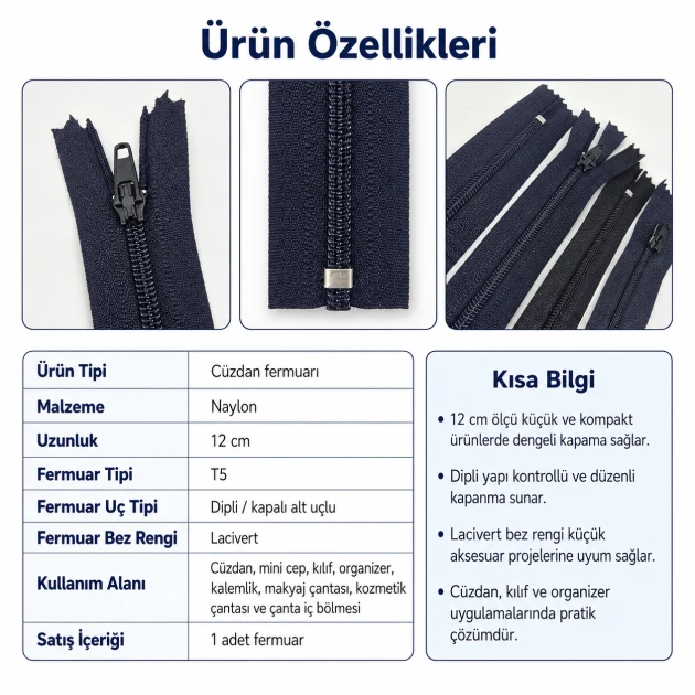 Naylon Cüzdan Fermuarı 12 cm T5, Kapalı Uçlu, Lacivert Renk, Mini Cep ve Organizer İçin Uygun