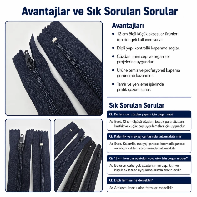 Naylon Cüzdan Fermuarı 12 cm T5, Kapalı Uçlu, Lacivert Renk, Mini Cep ve Organizer İçin Uygun