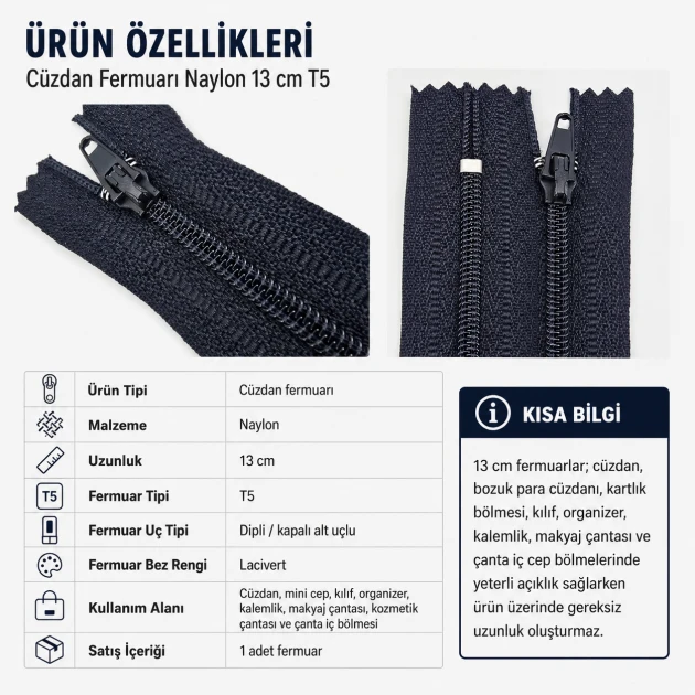Cüzdan Fermuarı Naylon 13 cm T5 Cep, Kılıf ve Organizer İçin Dipli ENC0013T5