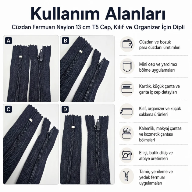 Cüzdan Fermuarı Naylon 13 cm T5 Cep, Kılıf ve Organizer İçin Dipli ENC0013T5