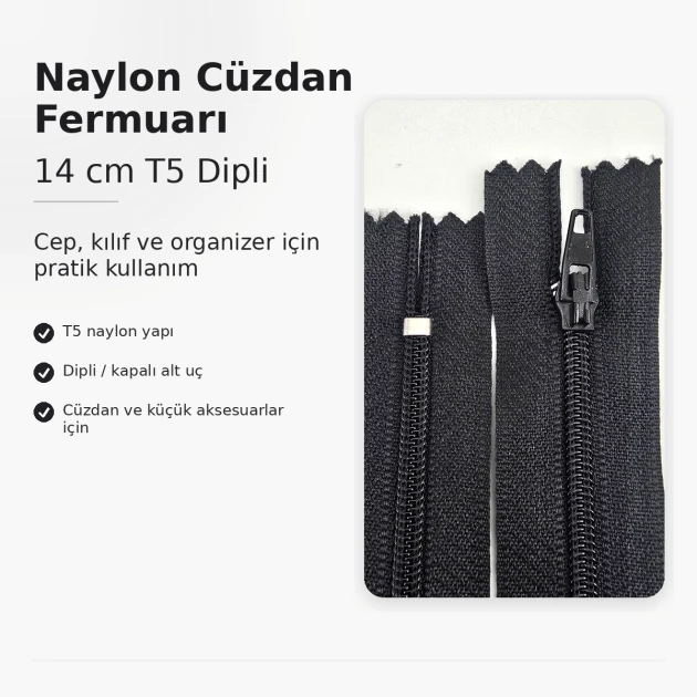 Cüzdan Fermuarı Naylon 14 cm T5, Cep, Kılıf ve Organizer İçin Dipli