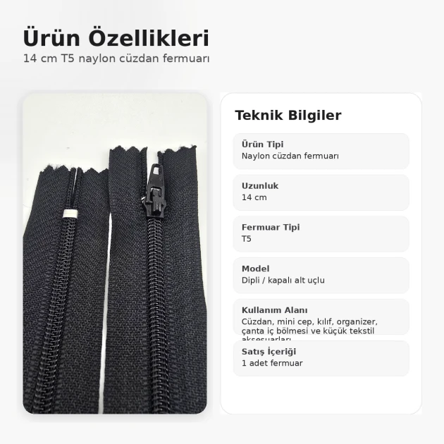 Cüzdan Fermuarı Naylon 14 cm T5, Cep, Kılıf ve Organizer İçin Dipli