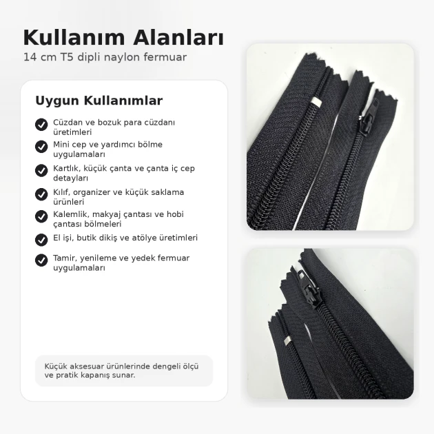 Cüzdan Fermuarı Naylon 14 cm T5, Cep, Kılıf ve Organizer İçin Dipli
