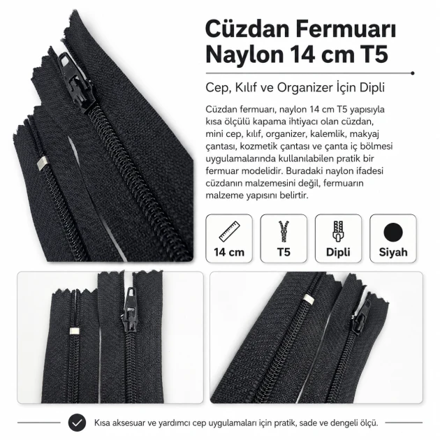 Cüzdan Fermuarı Naylon 14 cm T5, Cep, Kılıf ve Organizer İçin Dipli