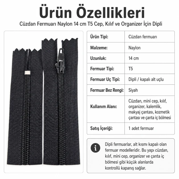 Cüzdan Fermuarı Naylon 14 cm T5, Cep, Kılıf ve Organizer İçin Dipli