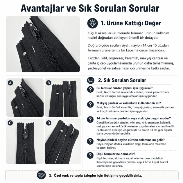 Cüzdan Fermuarı Naylon 14 cm T5, Cep, Kılıf ve Organizer İçin Dipli