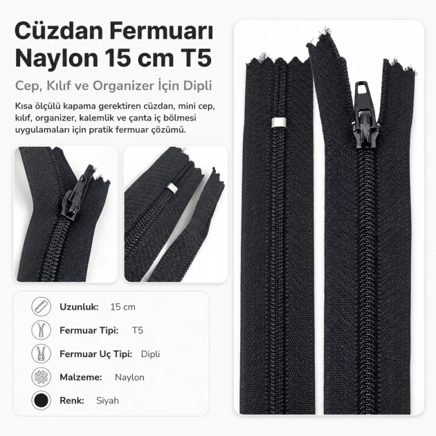 Cüzdan Fermuarı Naylon 15 cm T5, kapalı uçlu, mini cep, kılıf ve organizer için ideal