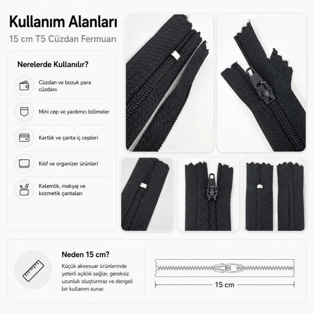 Cüzdan Fermuarı Naylon 15 cm T5, kapalı uçlu, mini cep, kılıf ve organizer için ideal