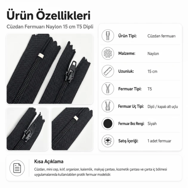 Cüzdan Fermuarı Naylon 15 cm T5, kapalı uçlu, mini cep, kılıf ve organizer için ideal
