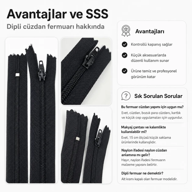 Cüzdan Fermuarı Naylon 15 cm T5, kapalı uçlu, mini cep, kılıf ve organizer için ideal