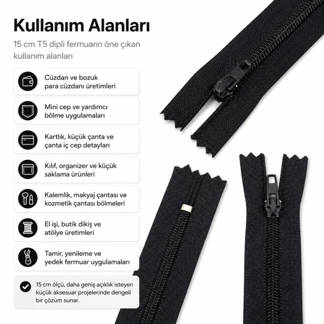 Cüzdan Fermuarı Naylon 15 cm T5, kapalı uçlu, mini cep, kılıf ve organizer için ideal