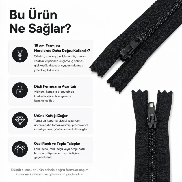 Cüzdan Fermuarı Naylon 15 cm T5, kapalı uçlu, mini cep, kılıf ve organizer için ideal