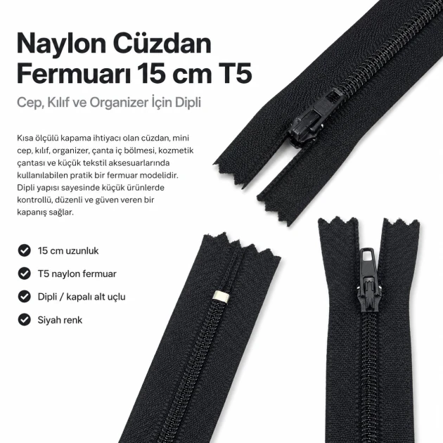 Cüzdan Fermuarı Naylon 15 cm T5, kapalı uçlu, mini cep, kılıf ve organizer için ideal